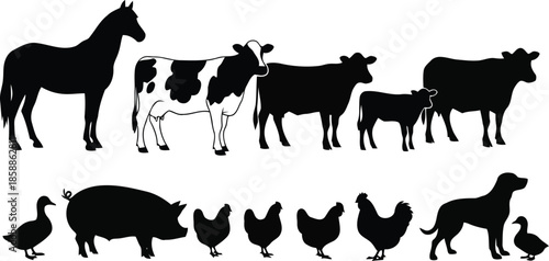 Silhouettes of various farm animals