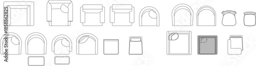 A comprehensive vector set of top-view seating symbols featuring various armchair styles, accent chairs, and cushioned poufs for interior layouts.