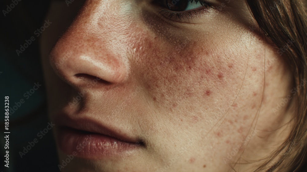 Fototapeta premium Close-up View of a Young Person With Natural Freckles and Smooth Skin in Soft Lighting During a Peaceful Moment at Home
