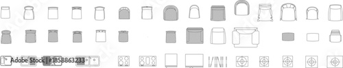A large set of vector icons for architectural layouts featuring various chair top views, sink configurations, and stovetop symbols for plans.