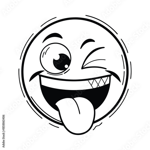 Comic style winking emoji with tongue sticking out and wide smile vector illustration