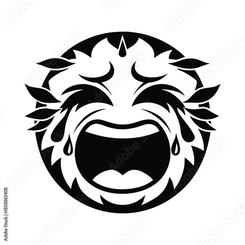 Crying emoji face with tears and leaf crown black and white