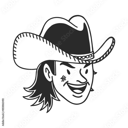 Cowboy head with a hat in hand drawn doodle style