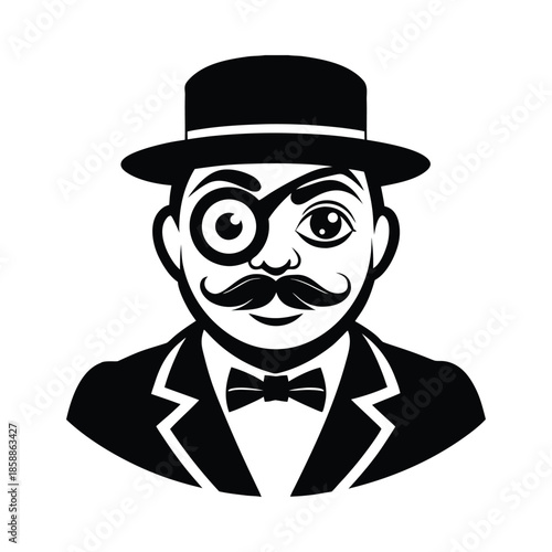 Gentleman with monocle, mustache, and bow tie in a classic suit