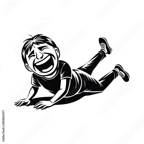 Little boy lying on his stomach laughing joyfully with mouth wide open in happiness