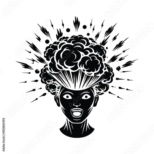 Mind blown head explosion illustration, person with hair exploding, concept of shock, surprise, or stress