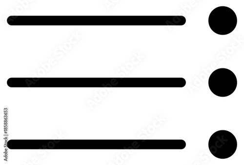 Minimalist black list icon with horizontal bars and bullet points. Perfect for web design, app navigation, and organizational concepts. Represents tasks, options, and structured data.
