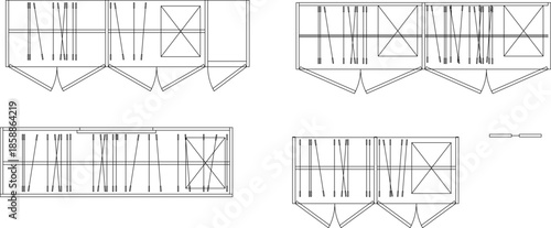 A set of top-view vector symbols for architectural floor plans featuring various wardrobe configurations, closet storage, and door swing details.