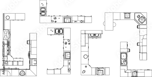 A set of top-view vector symbols for kitchen floor plans featuring various L-shaped and U-shaped counter layouts with sinks and stove details.