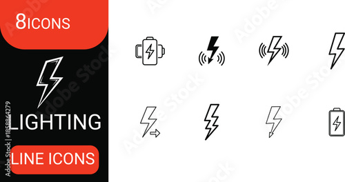Collection of eight different lightning icons, energy, power, battery, wireless, for design