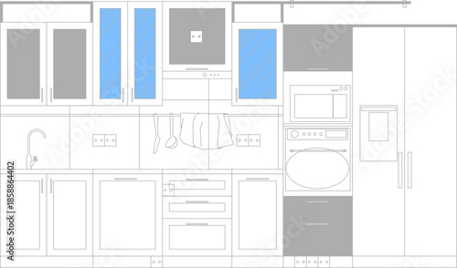 A detailed vector elevation of a modern kitchen featuring cabinets, glass doors, integrated appliances, and a sink for interior design planning.