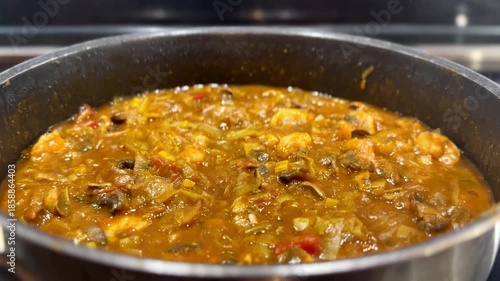 close up of hot steaming freshly made prawn and vegetable curry in kitchen pot 