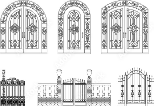 A collection of high-end vector icons featuring arched wrought iron doors, decorative garden gates, and ornamental fence designs for mansions.