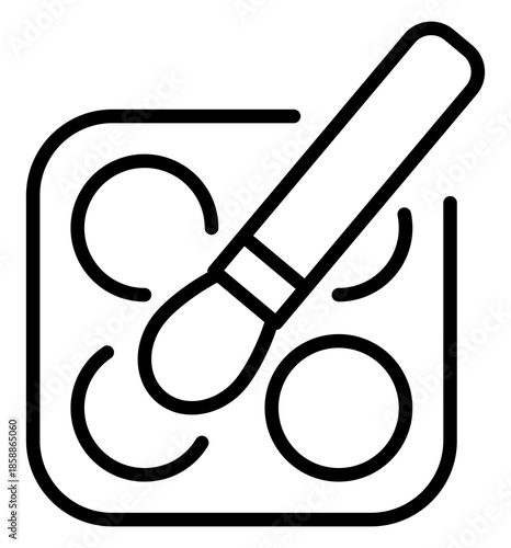 Clean black and white line art icon showcasing a professional makeup palette and application brush. Ideal for beauty tutorials, salon logos, and digital cosmetic interfaces.