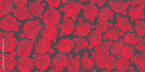 Rose flowers with leaves. Floral hand drawn art ornamental background. Doodle style. Vector illustration. Simple minimalistic nature design.