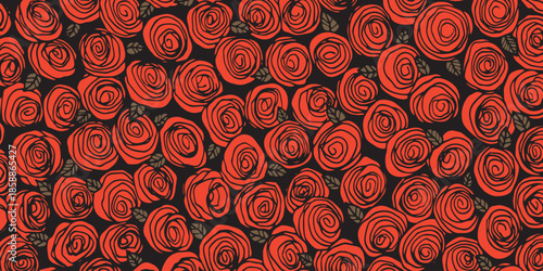 Rose flowers with leaves. Floral hand drawn art ornamental background. Doodle style. Vector illustration. Simple minimalistic nature design.