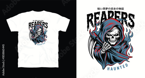 Reapers haunted dark dream history story with grim reaper t-shirt design
