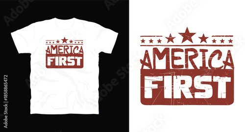 America first patriotic typography t-shirt design with stars and distressed stamp style graphic
