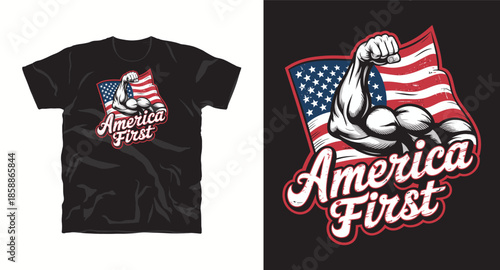 America first muscular arm with usa flag and text vector