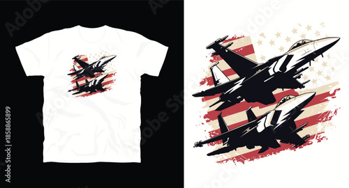 Two fighter jets flying over distressed american flag background t-shirt design