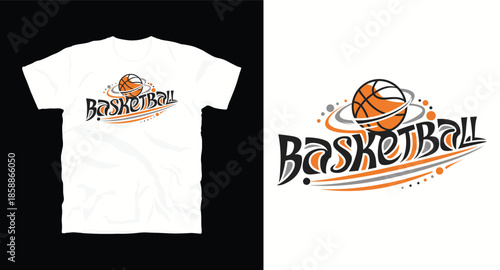 Basketball word sport logo vector with ball orbit and abstract graphic elements t-shirt design
