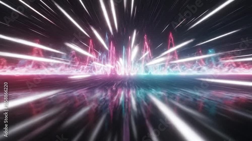 Abstract Neon Audio Spectrum Visualizer with Reflective Surface and Light Streaks, Seamless Loop.