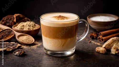 Cozy Adaptogenic Mushroom Latte: A Healthy Superfood Drink Infused with Natural Spices and Wellness Powders