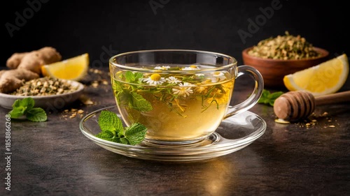 Soothing Herbal Chamomile and Mint Tea with Fresh Lemon and Ginger for Wellness and Relaxation