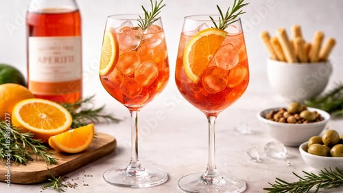 Two Refreshing Aperol Spritz Cocktails with Orange and Rosemary, Perfect for Summer Happy Hour