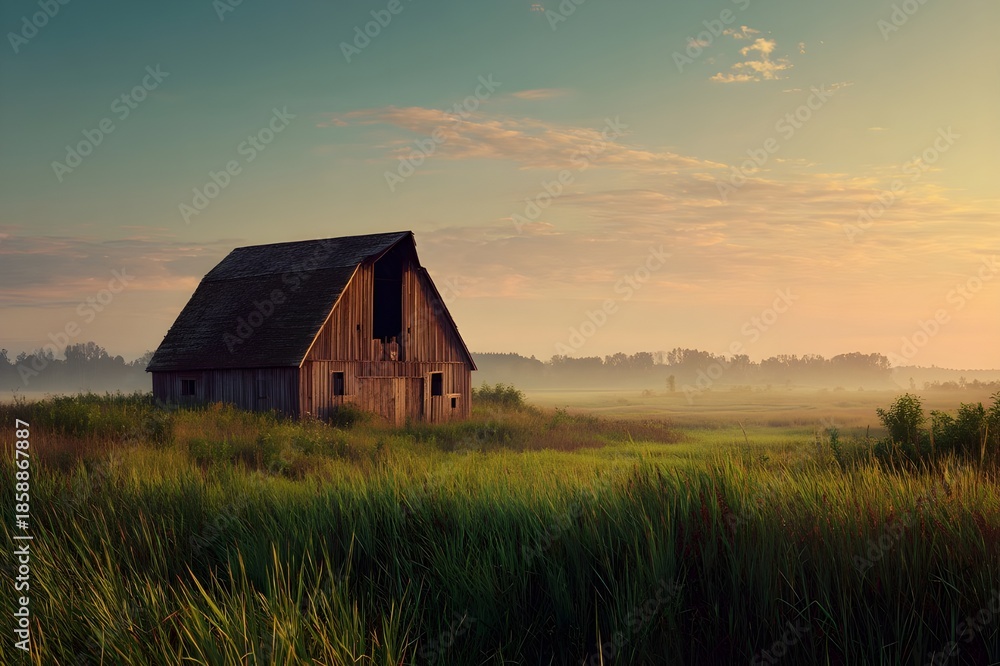 Obraz premium Rustic barn in countryside field at golden dawn rural landscape farming heritage sunrise scenery photography