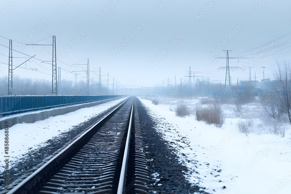 Fototapeta premium Train tracks in winter covered with snow and frost frozen landscape travel mood minimalism