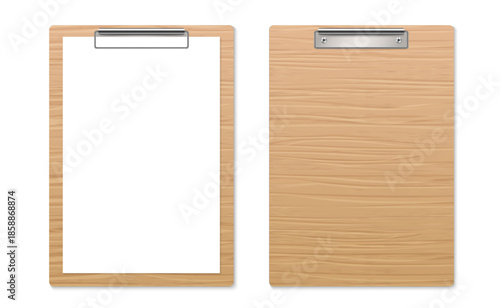 Realistic wooden clipboard mockup with paper sheet and without. Paper on wood board with holder for document, office, presentation. Vector illustration