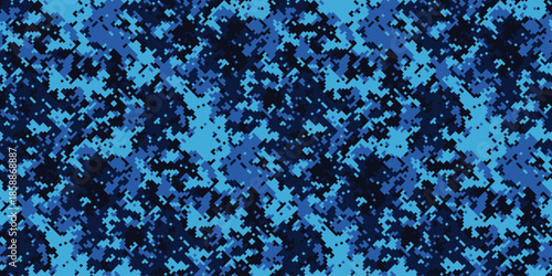 Abstract blue digital camouflage pattern.  Seamless texture ideal for backgrounds, textiles, or militarytactical designs.  Represents concealment, strategy, and modern aesthetics.