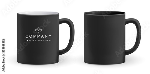 Realistic black mug mockup with logo placement. Cup design for branding, corporate identity, promotional merch. Vector illustration