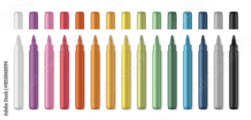 Realistic colorful marker pen set with caps for school, education, art. Stationery mockup. Vector illustration
