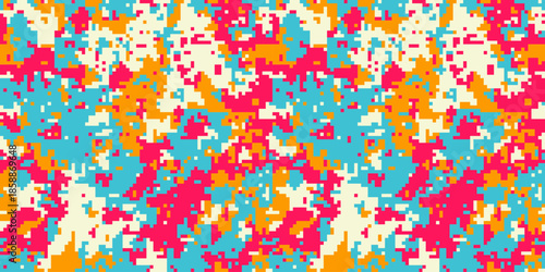 Vibrant pixelated camouflage pattern in pink, orange, blue, and cream.  Ideal for fashion, textile design, or digital backgrounds.