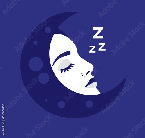 Sleeping woman silhouette in crescent moon with calm expression and Z for sleep concept
