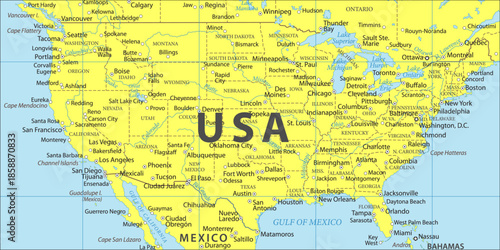 Vector united states america on detailed political world map with cities, states. Fragment of geographical atlas with river, lake, gulf california and mexico, florida, arizona, nevada, montana, texas.
