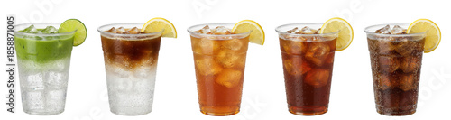 popular iced drinks in plastic cups isolated: matcha tonic,  espresso tonic, iced tea, iced coffee, coke
