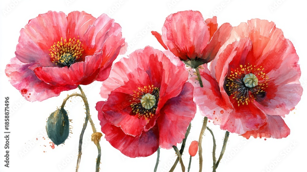 Obraz premium Watercolor Painting Of Red Poppy Flowers In Bloom With Delicate Petals And Detailed Centers On White Background Botanical Artistic Illustration Artwork