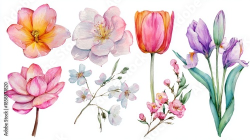 Watercolor Floral Collection Featuring Delicate Hand-Painted Flowers in Bloom and Buds with Soft Gradients and Artistic Botanical Details