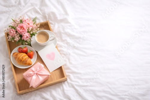 Mother's day breakfast in bed with flowers and gift