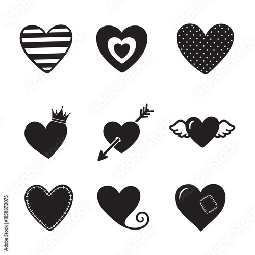 Set of 9 cute decorative Valentine heart icons in bold silhouette style vector illustration