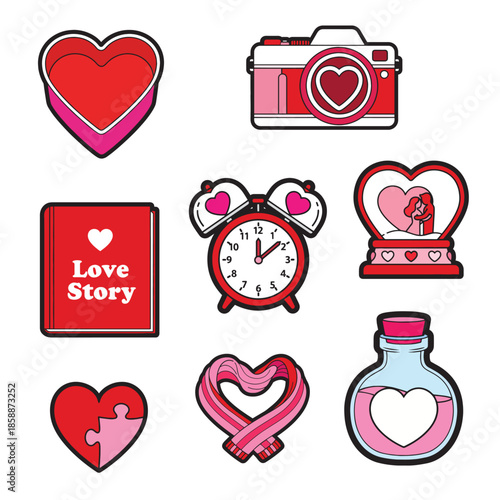 Set of 8 cute Valentine icons with heart gifts, love story elements and romantic objects in cartoon vector illustration