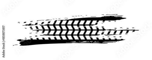Tire tread marks, wheel textures, tire marks - car racing, motocross, drift, rally, off-road and others. Vector black isolated texture in grunge style with splashes.