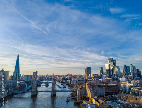 London city skyline panorama. Aerial drone view of panoramic background of London. Iconic skyline with skyscrapers, river Thames, historic landmarks