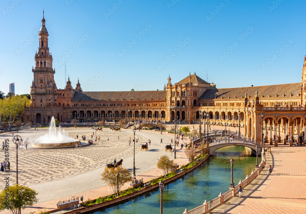 Fototapeta premium Panorama of Spain square in Maria Luisa park, Seville, Spain