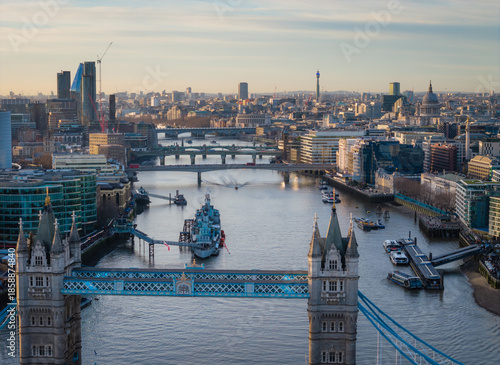 London city skyline panorama. Aerial drone view of panoramic background of London. Iconic skyline with skyscrapers, river Thames, historic landmarks