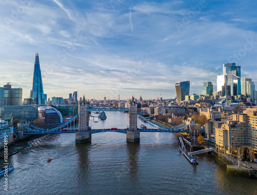 London city skyline panorama. Aerial drone view of panoramic background of London. Iconic skyline with skyscrapers, river Thames, historic landmarks