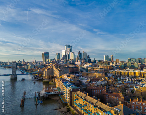London city skyline panorama. Aerial drone view of panoramic background of London. Iconic skyline with skyscrapers, river Thames, historic landmarks
